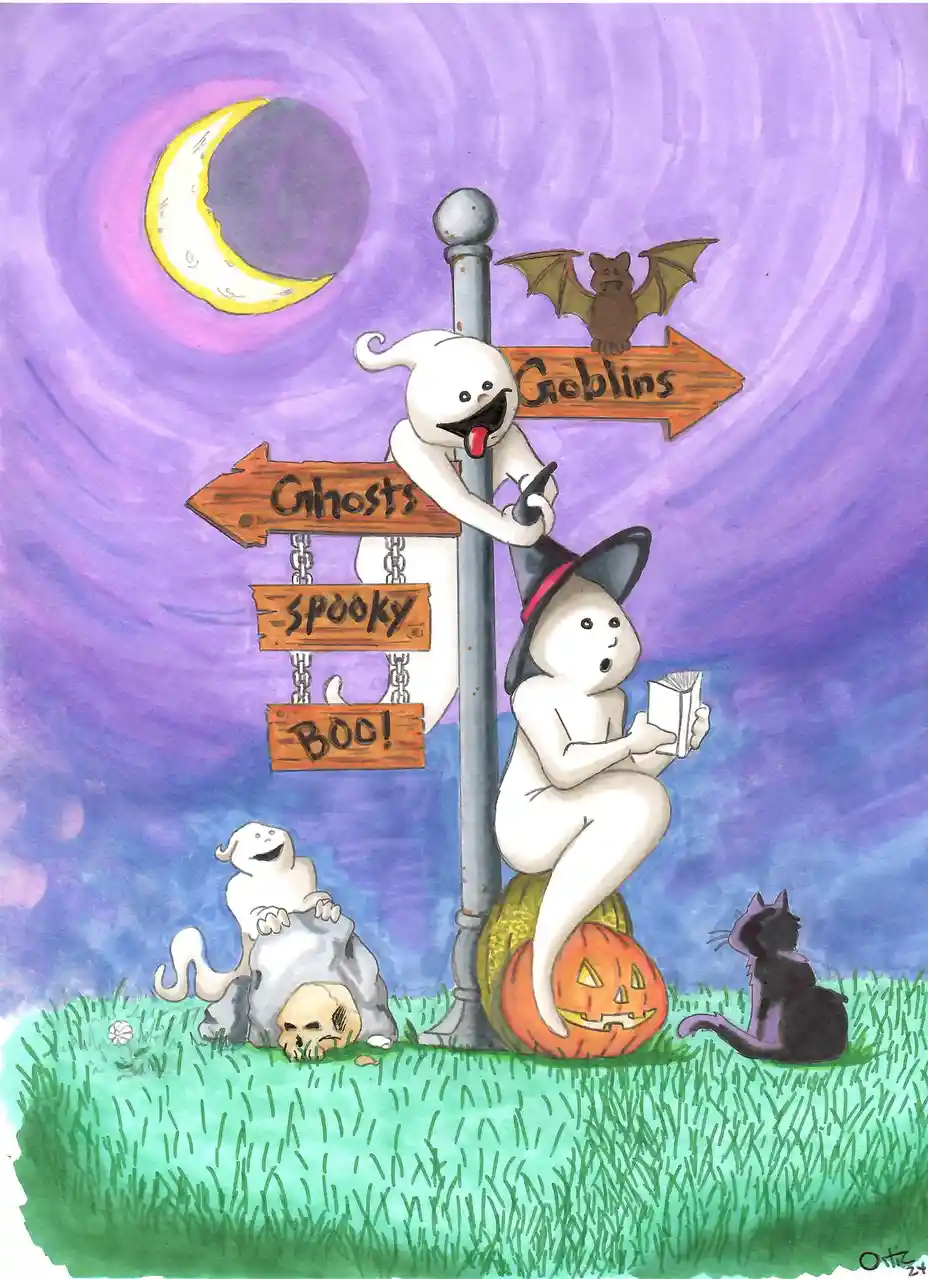 A cartoonish Halloween scene features a ghostly figure perched atop a signpost with directional arrows pointing to…