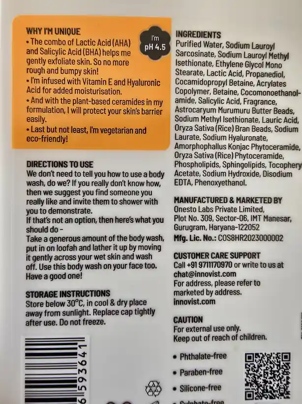 The image shows the back of a body wash bottle with a detailed label. The 'WHY I'M UNIQUE' section highlights benefits like…