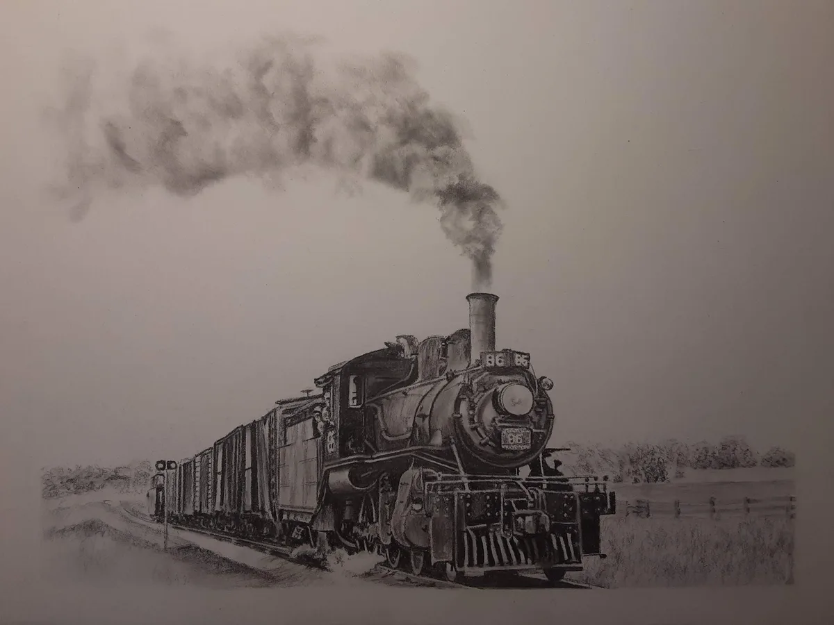 A detailed pencil drawing of a steam locomotive pulling freight cars through a rural landscape, with smoke billowing from…