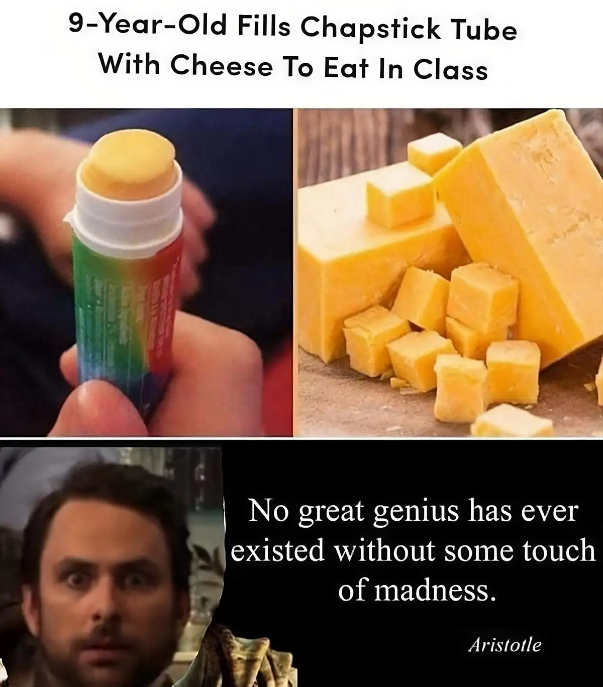 The image shows a split-screen: on the left, a hand holds a chapstick tube with a yellow cheese-like substance inside; on…