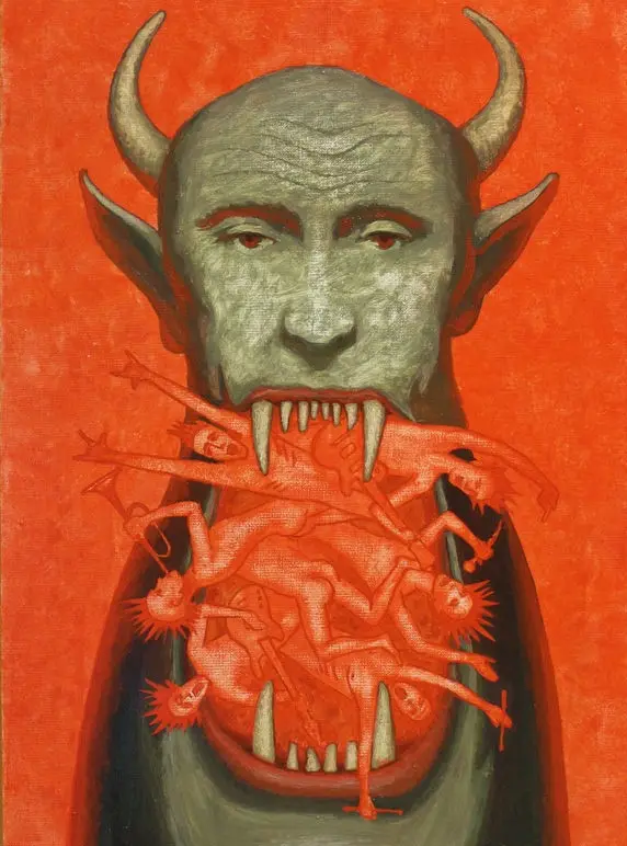 a painting depicts a demonic figure with horns and pointed ears against a red background, its mouth wide open to reveal…