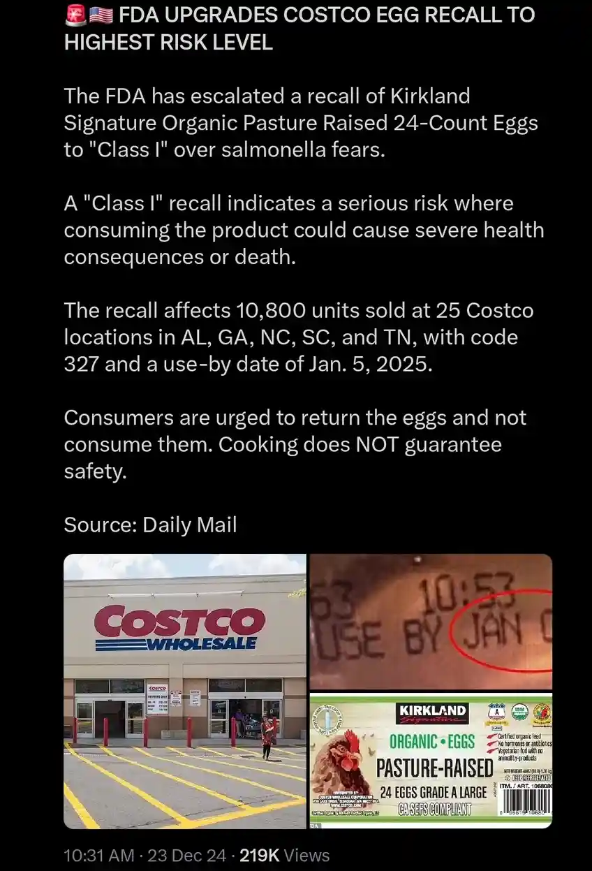 An image displays a news article about a Class I salmonella recall for Costco's Kirkland Signature Organic Pasture-Raised…