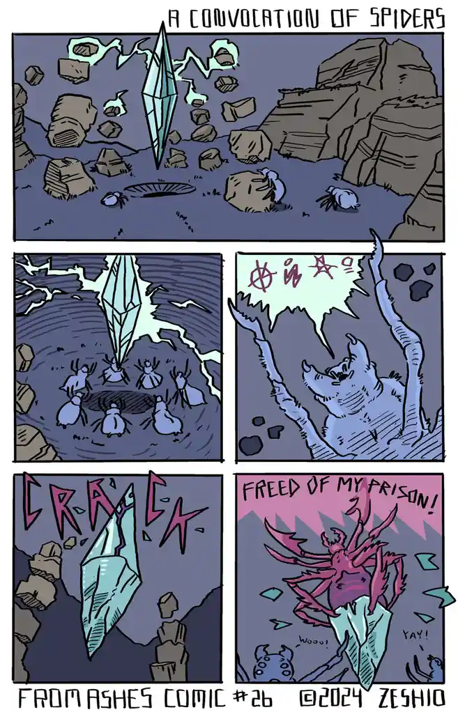 A four-panel comic depicts small blue spiders gathering around a glowing crystal in a rocky cave. The spiders collectively…