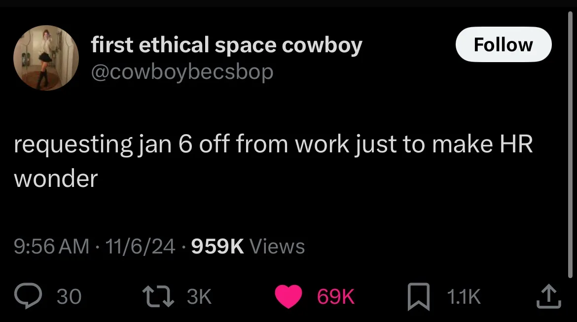 A screenshot of a social media post by 'first ethical space cowboy' (@cowboybecsbop) showing a tweet requesting January 6th…