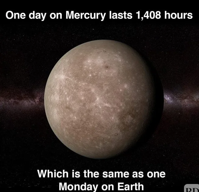A space image of the planet Mercury against a starry background with a faint Milky Way. White text at the top states 'One…