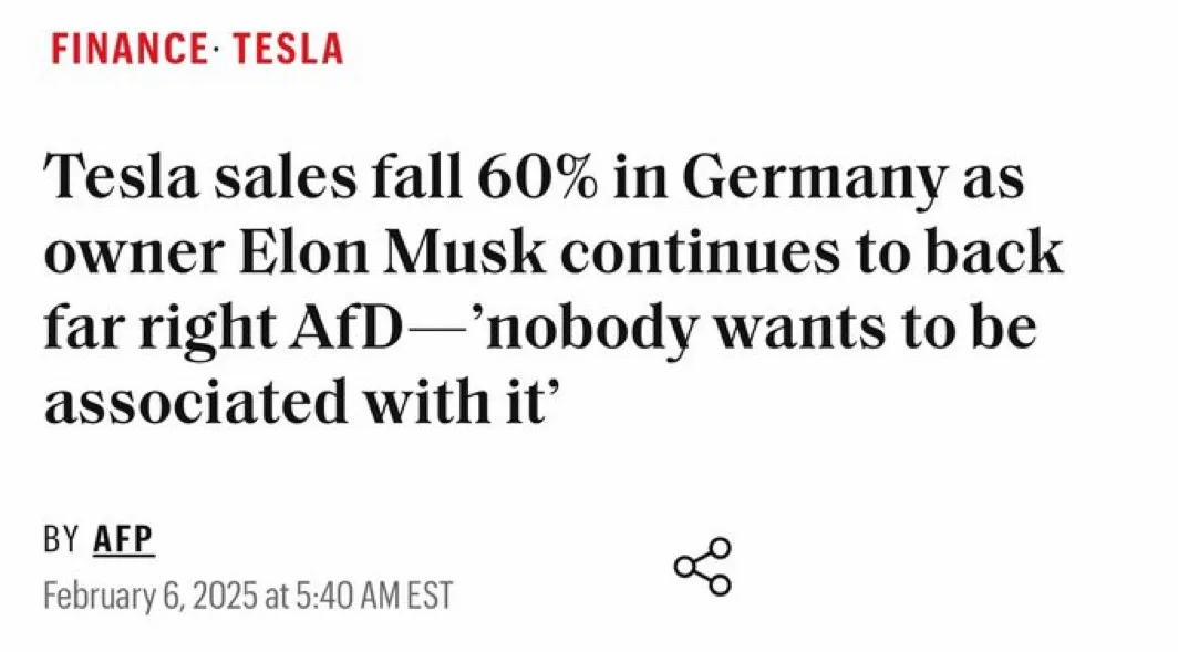 A screenshot of a fake news article from AFP dated February 6, 2025, with a red 'FINANCE · TESLA' header. The headline…
