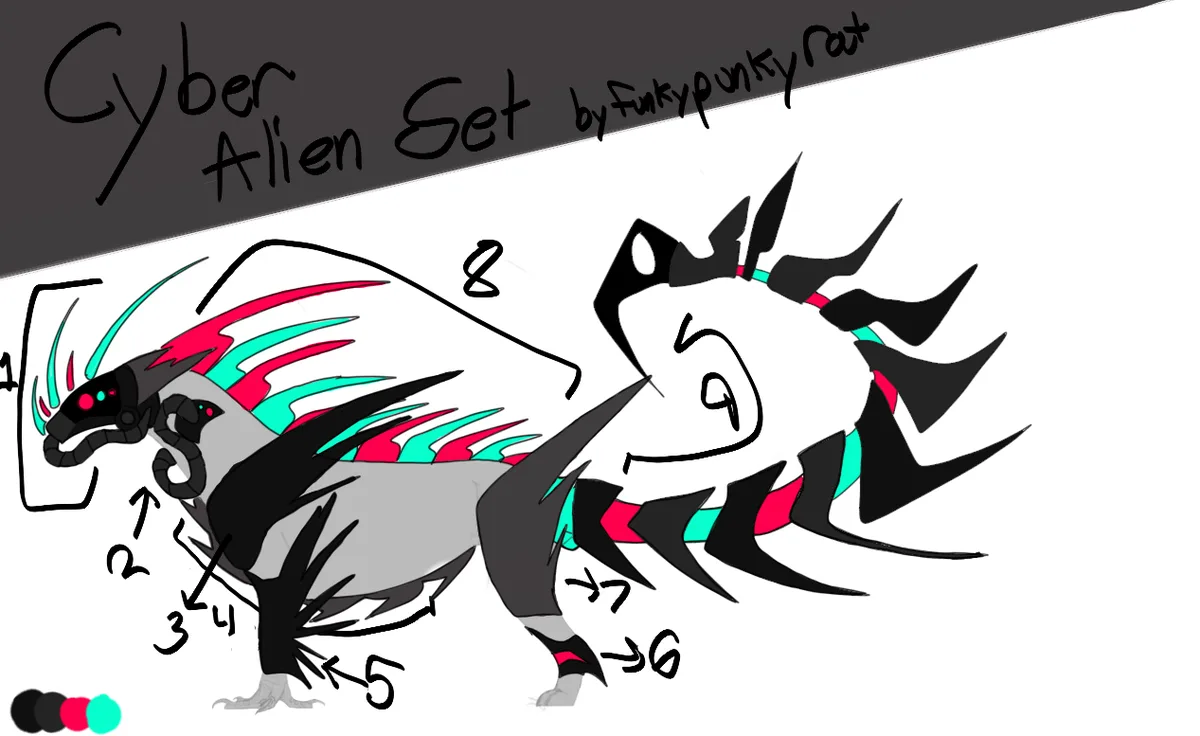 A digital drawing of a stylized cyber alien creature with black, gray, red, and teal accents, featuring numbered arrows…