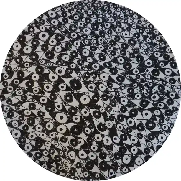 A circular black-and-white artwork filled with a dense, repeating pattern of stylized eyes, all facing in various…