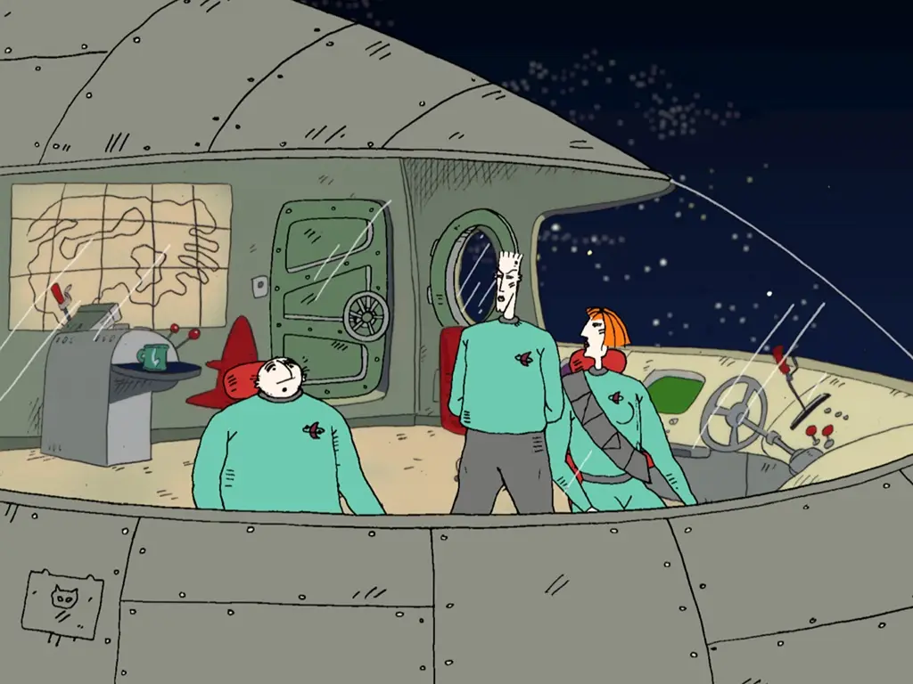 Three cartoon astronauts in a spaceship cockpit look out at stars; one seated astronaut has a worried expression while the…