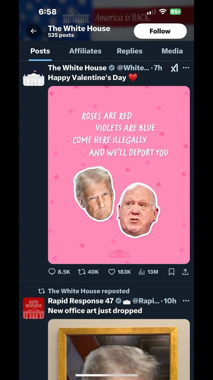 A screenshot of a social media post from 'The White House' account showing a pink Valentine's Day card with hearts. The card…