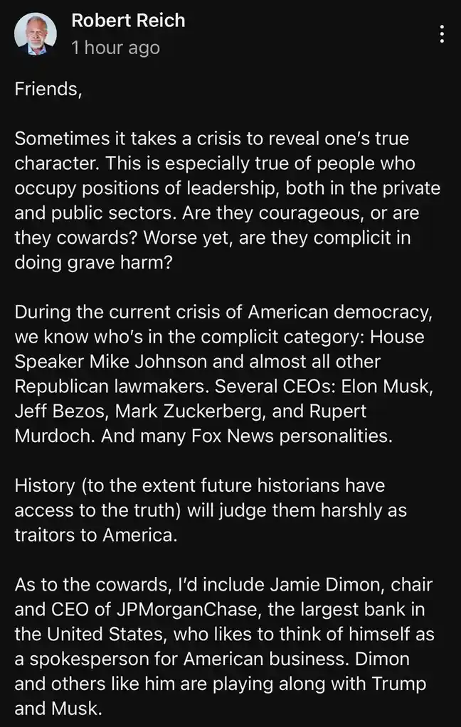 A screenshot of a social media post by Robert Reich, featuring white text on a black background. The post is a political…