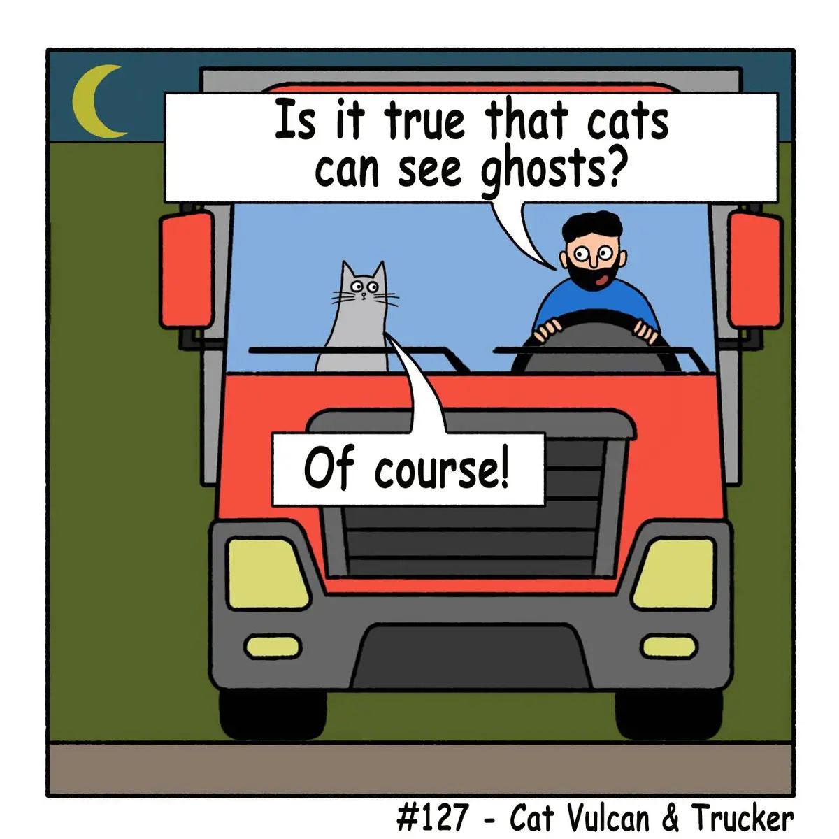 A cartoon depicts a red truck at night with a crescent moon in the sky. A man with a beard is driving, and a grey cat sits…