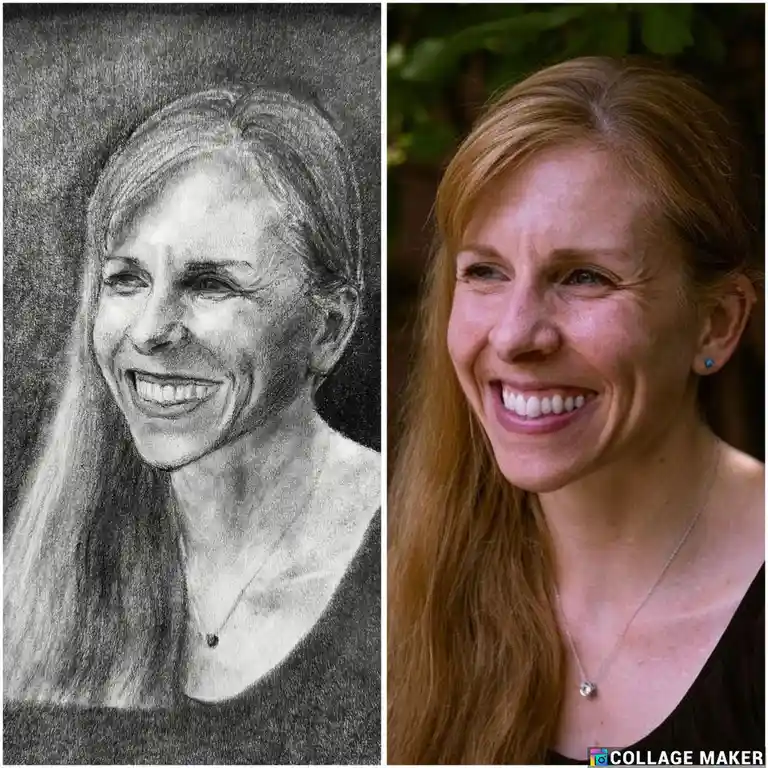 The image displays a side-by-side comparison: on the left, a detailed black-and-white charcoal sketch of a woman with long…