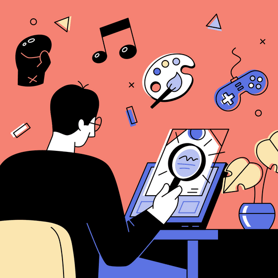 A person sits at a desk holding a magnifying glass over a tablet, surrounded by floating icons representing different…