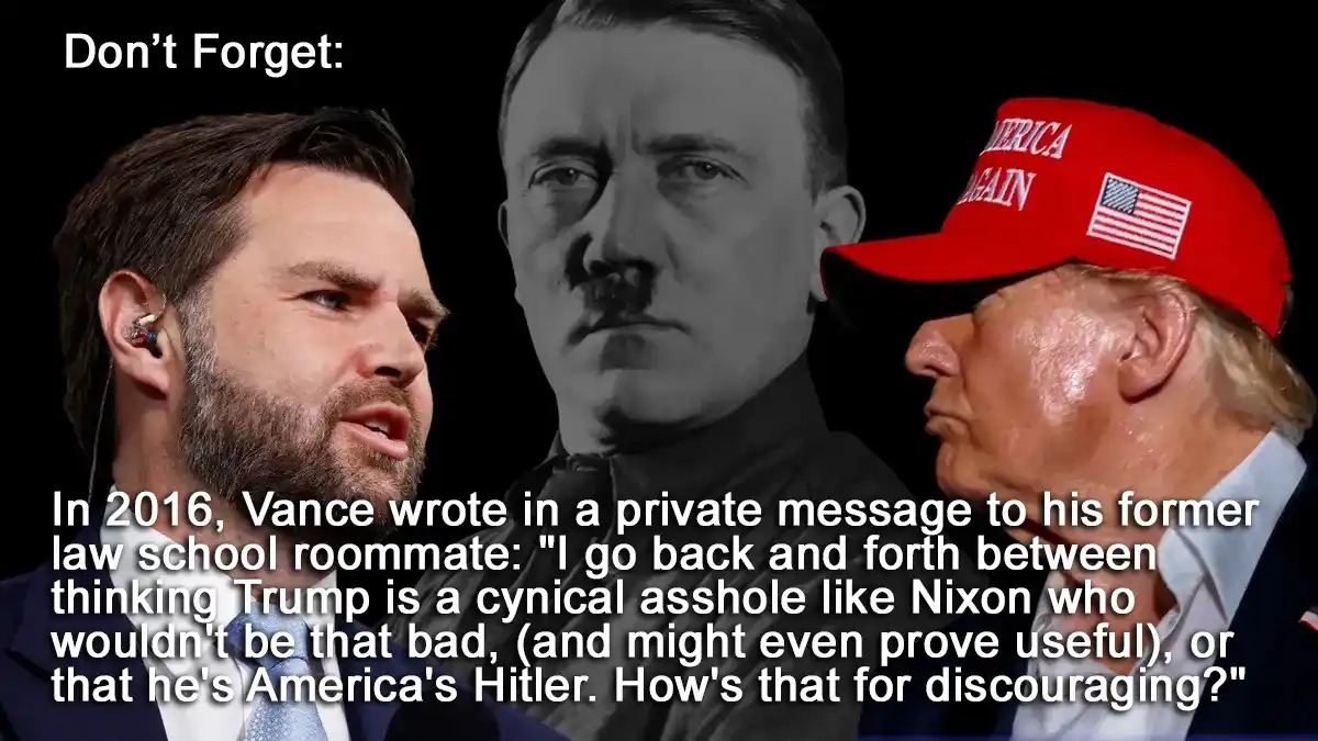The image shows three men: on the left, a man with a beard and earpiece; in the center, a black-and-white photo of Adolf…