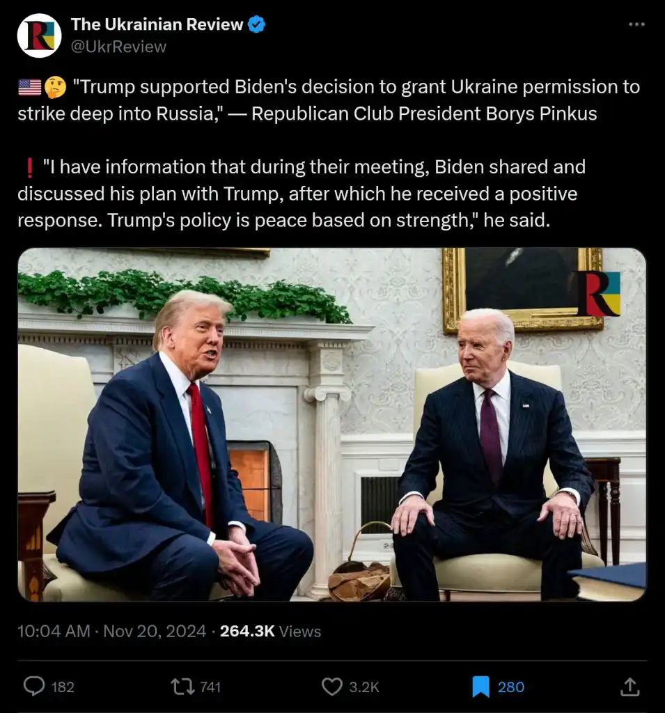 A screenshot of a tweet from 'The Ukrainian Review' featuring a photo of Donald Trump and Joe Biden sitting in chairs facing…
