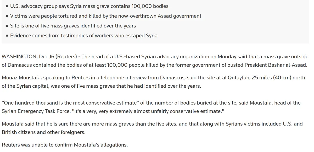 The image is a screenshot of a Reuters news article about a U.S. advocacy group's claim that a mass grave in Syria contains…