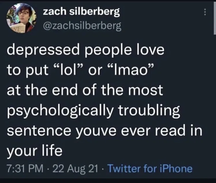 A screenshot of a tweet by zach silberberg showing a dark-themed Twitter interface. The tweet text reads: 'depressed people…