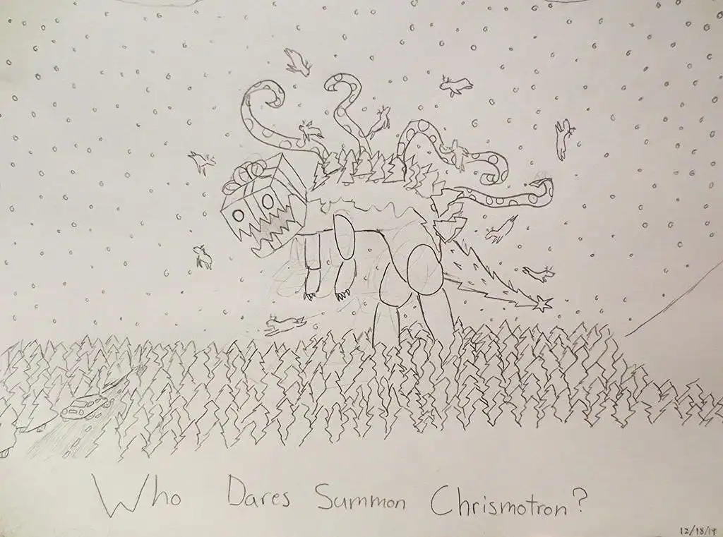 A hand-drawn pencil sketch depicts a monstrous, multi-limbed creature with a boxy, jagged-faced head resembling a Christmas…