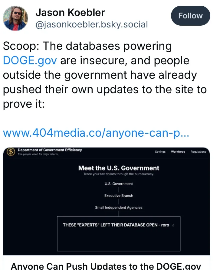 A screenshot of a tweet by Jason Koebler showing a parody government website titled 'Department of Government Efficiency'…