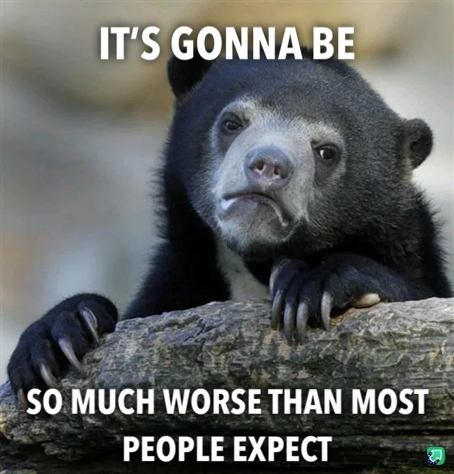 A close-up photo of a black bear with a sad, resigned expression, resting its paws on a log. White bold text overlaid at the…
