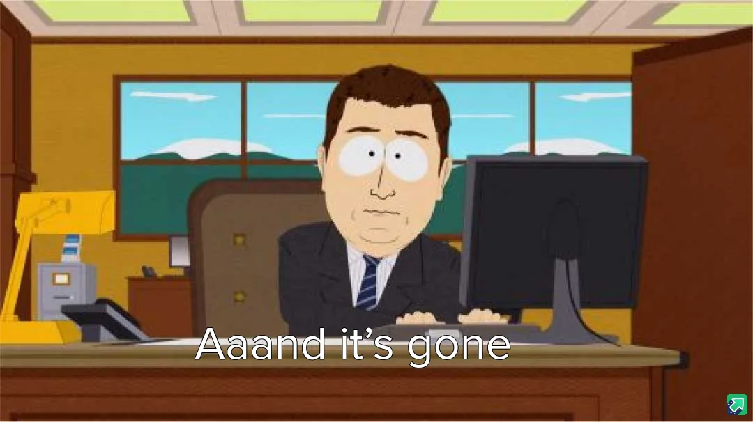 A cartoon man in a suit sits at a desk in an office, looking shocked with wide eyes as he types on a keyboard. A computer…