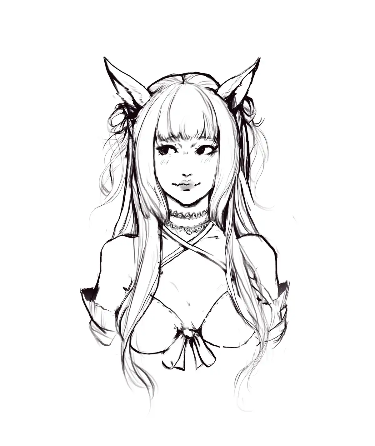 A black-and-white sketch of an anime-style girl with long hair and cat ears, wearing a choker and a top with a bow. The…