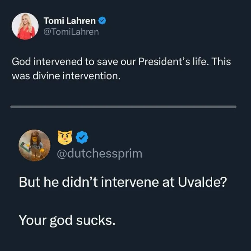 A screenshot of a Twitter thread shows Tomi Lahren claiming 'God intervened to save our President's life.' Below, a reply…