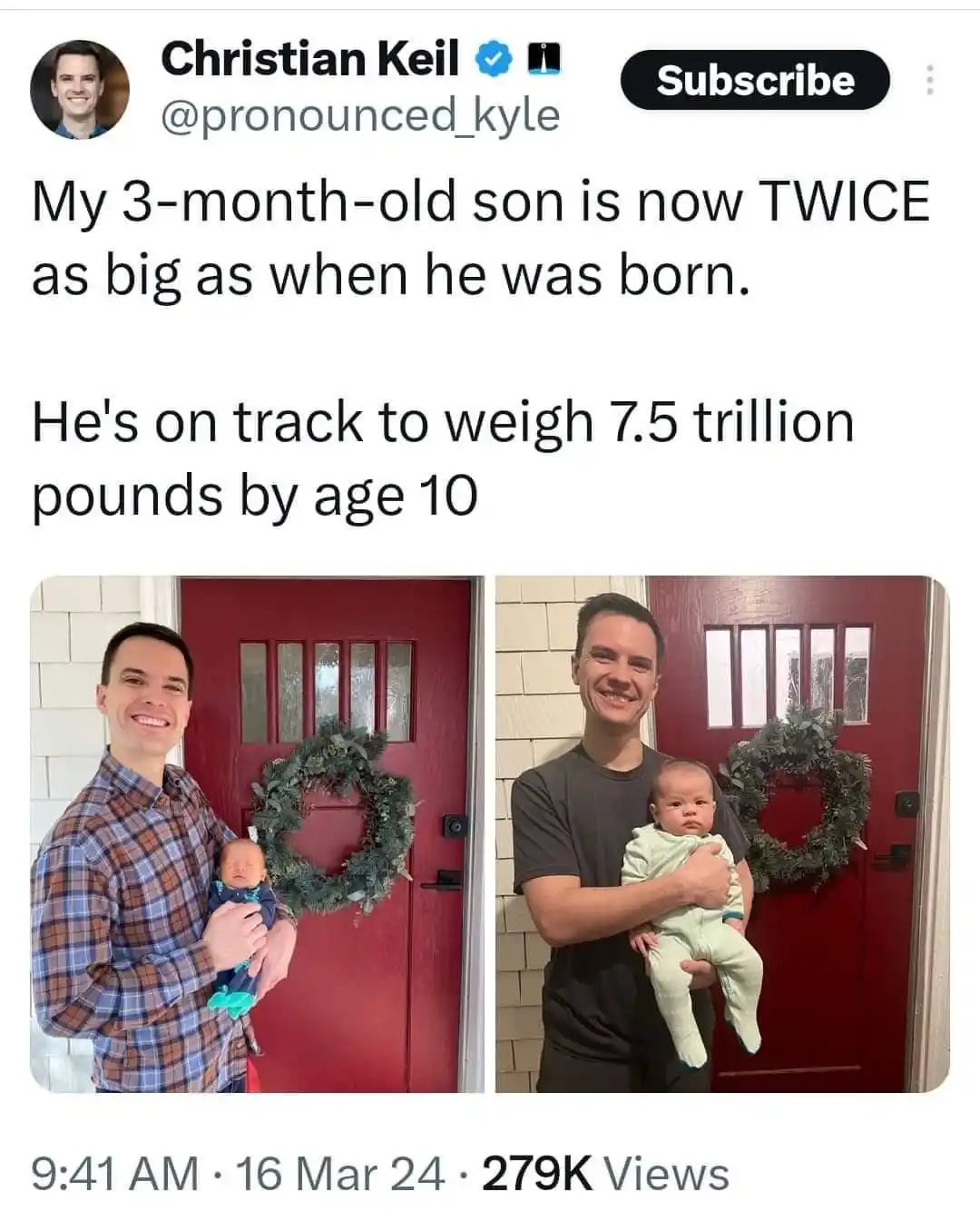 A side-by-side image shows a man holding his newborn baby in the left photo and the same baby at 3 months old in the right…