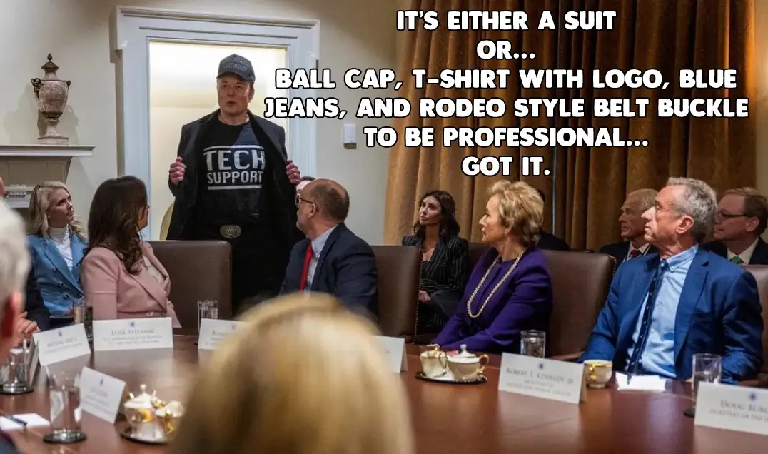 A man in a 'TECH SUPPORT' t-shirt, ball cap, and blue jeans stands in a formal meeting room with seated officials. Overlaid…
