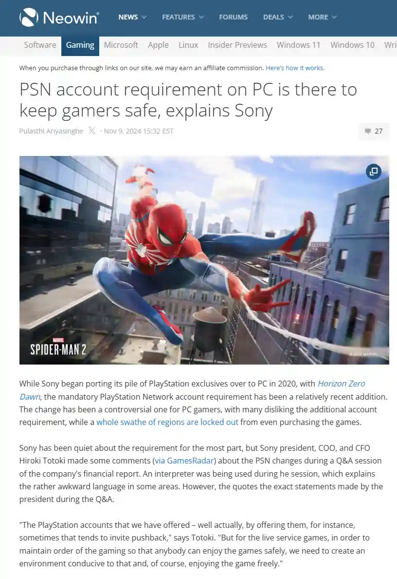 An image from a Neowin article about Sony's PSN account requirement for PC games, featuring Spider-Man 2 artwork with…