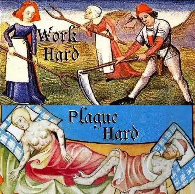 The image is split into two panels. The top panel shows three medieval peasants laboring in a field with farming tools…