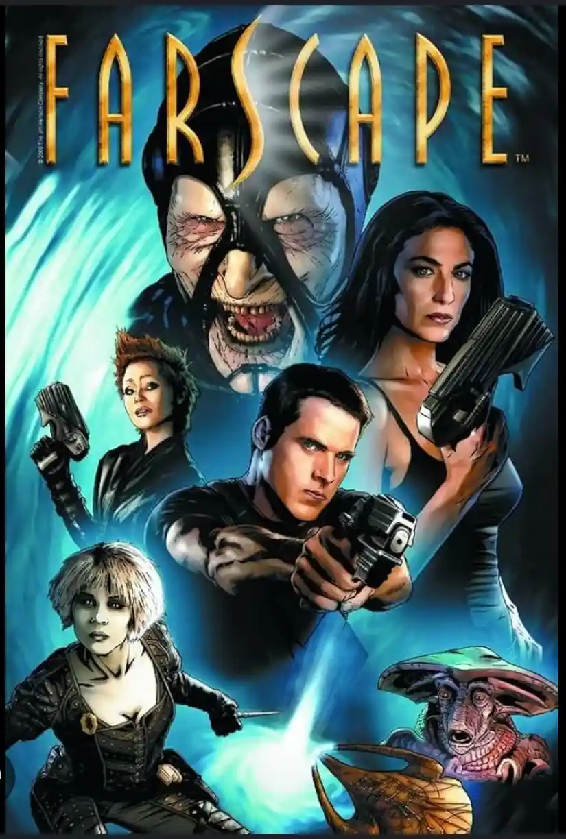 A promotional poster for the sci-fi TV show 'Farscape' featuring its main characters: a large, masked alien with a grotesque…