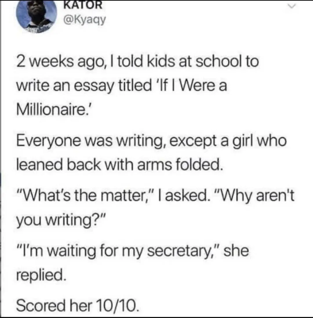A screenshot of a tweet by user KATOR (@Kyaqy) detailing a classroom anecdote where a student, instead of writing an essay…