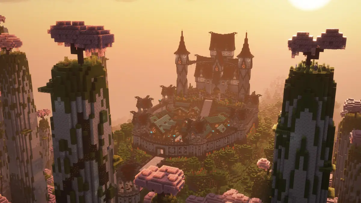 A screenshot from the game Minecraft shows a highly detailed, fantasy-style castle built atop a hill surrounded by tall…