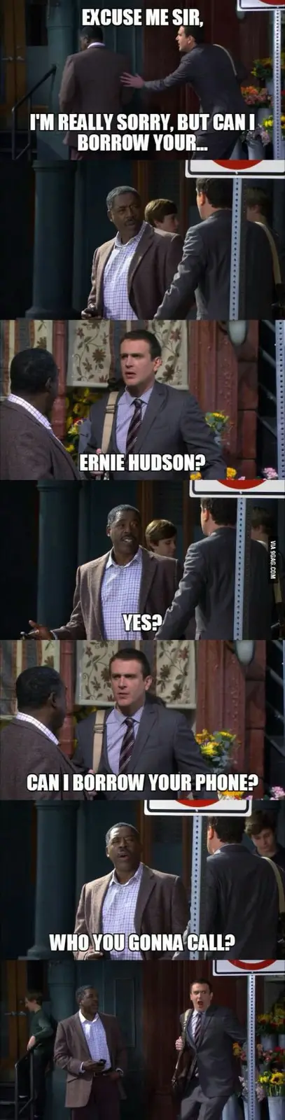 A six-panel meme from the TV show 'The Office' showing a man asking another man for his phone. The man being asked is Ernie…
