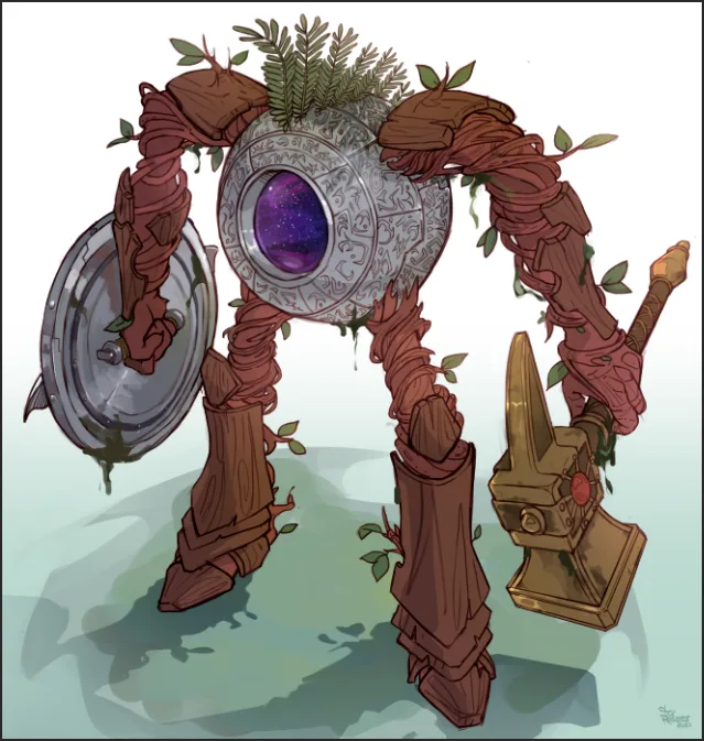 An illustration of a humanoid robot whose body is wrapped in tree bark and vines, with a glowing purple eye, holding a…