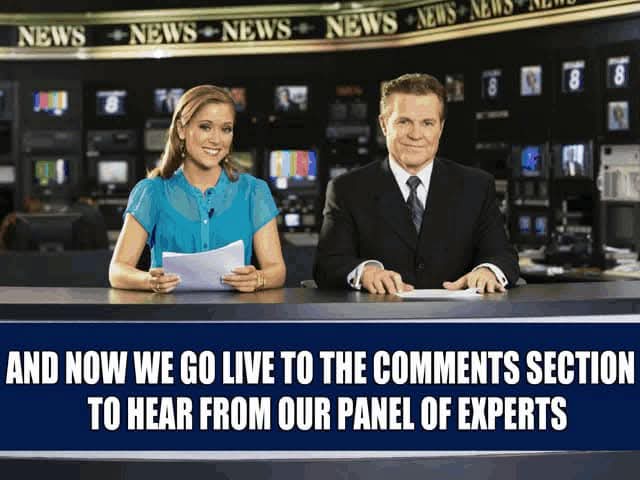 Two news anchors, a woman in a blue blouse and a man in a suit, sit at a news desk with 'NEWS' signs above them. A blue…