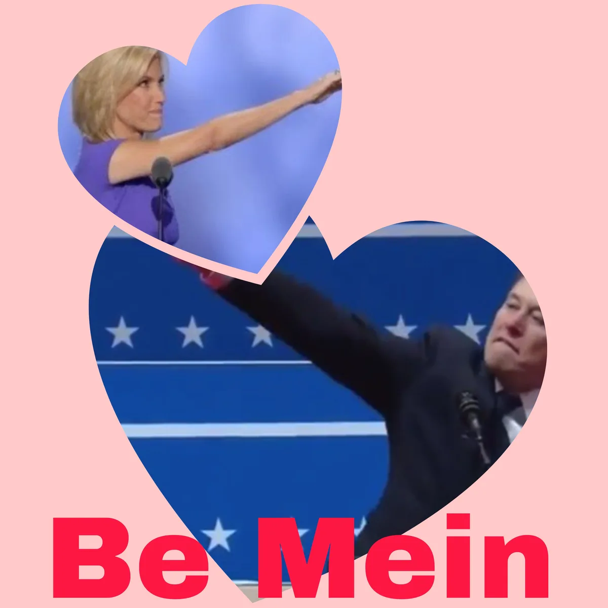 A pink background features two heart-shaped cutouts. The top heart shows a woman in a purple dress extending her arm…