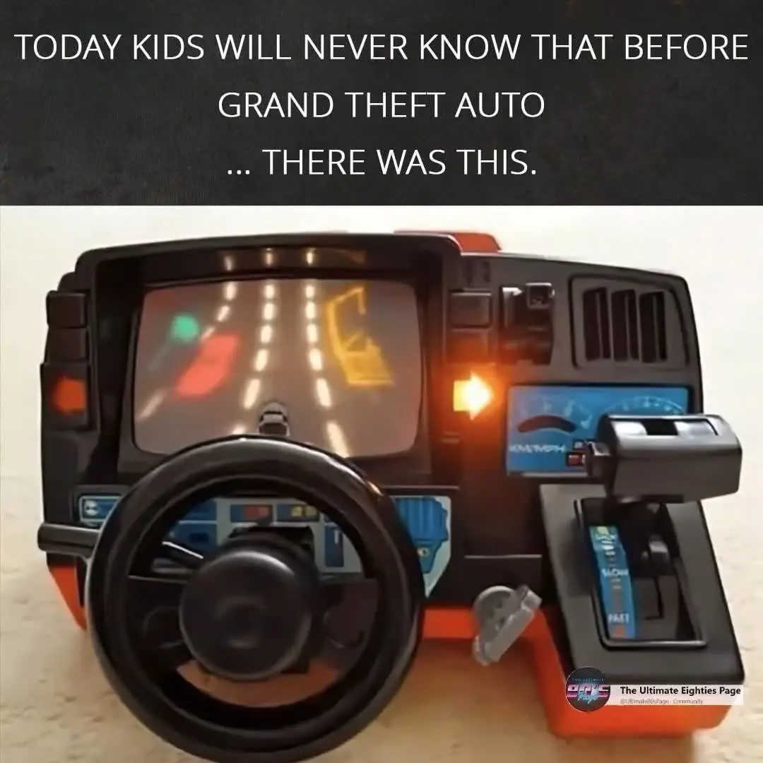A vintage toy car dashboard with a small screen showing a simplistic road scene with a red car and a yellow car, a steering…