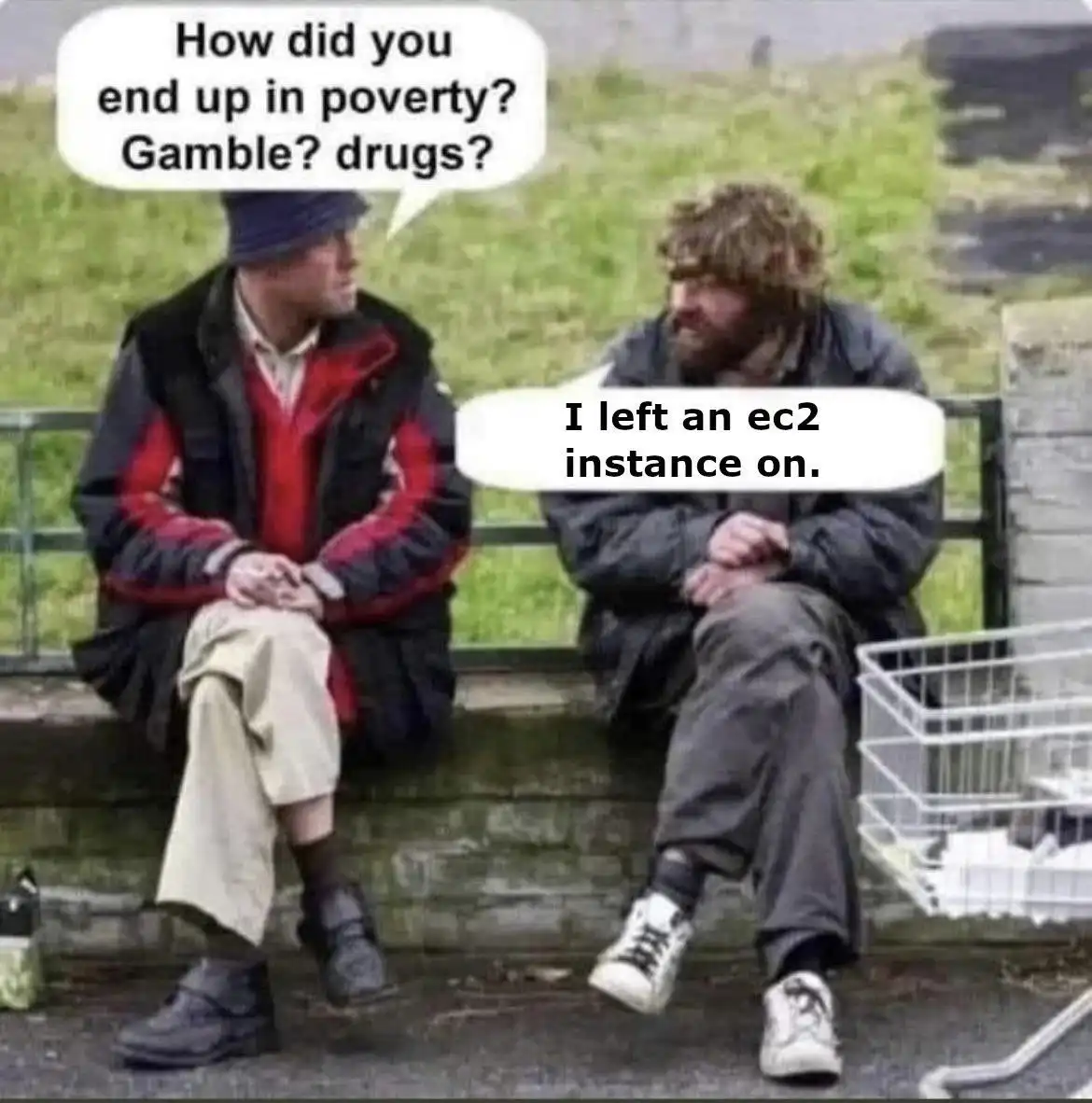 Two men sit on a stone wall outdoors; the man on the left asks, 'How did you end up in poverty? Gamble? drugs?' The man on…