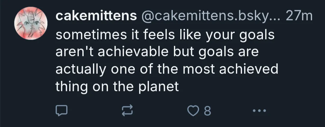 A screenshot of a social media post from user 'cakemittens' showing a dark-themed interface with a circular profile picture…