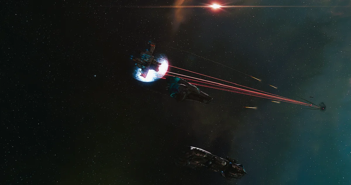 A space battle scene shows three spacecraft firing red laser beams toward a distant target, with a bright star and nebula in…
