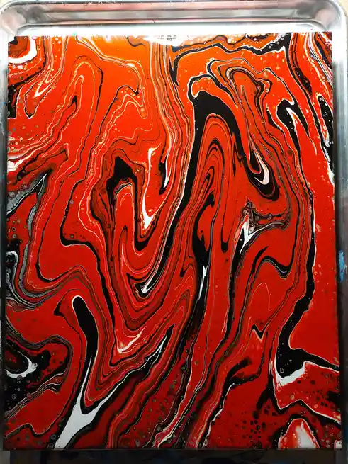A vibrant, abstract painting with swirling patterns of orange, black, and white, resembling lava or geological formations…