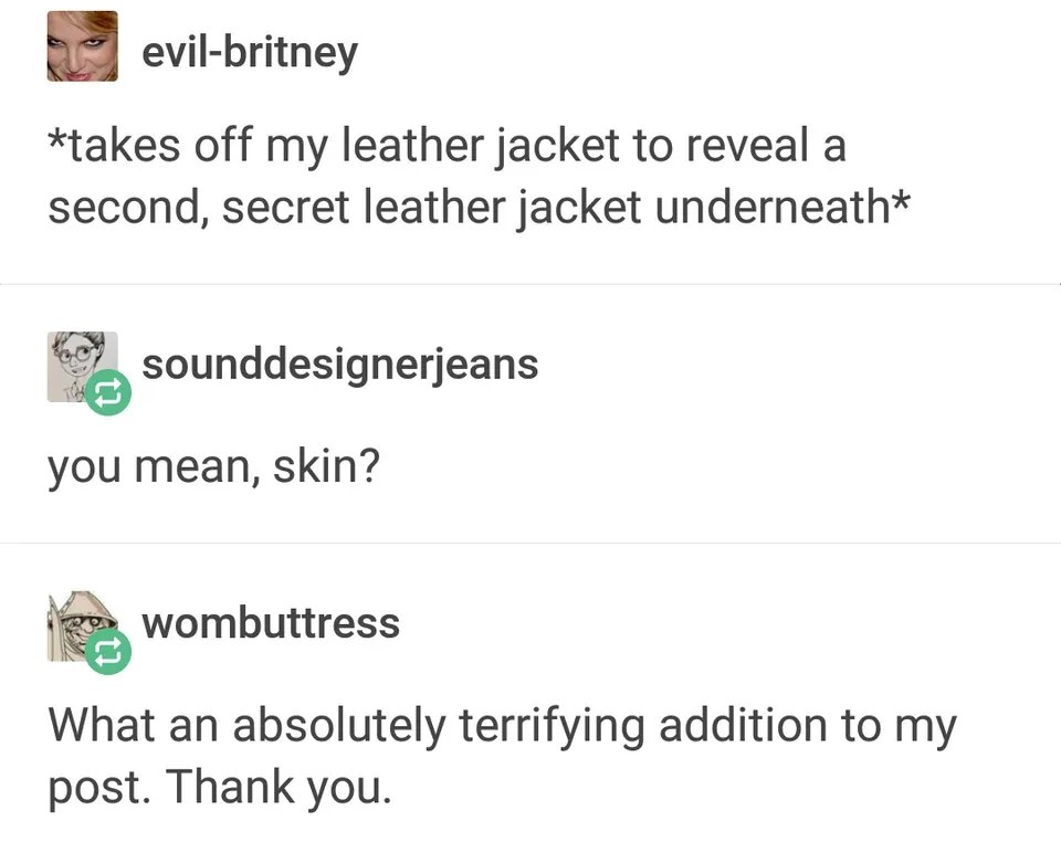A screenshot of a social media thread shows user 'evil-britney' claiming to reveal a second secret leather jacket under…