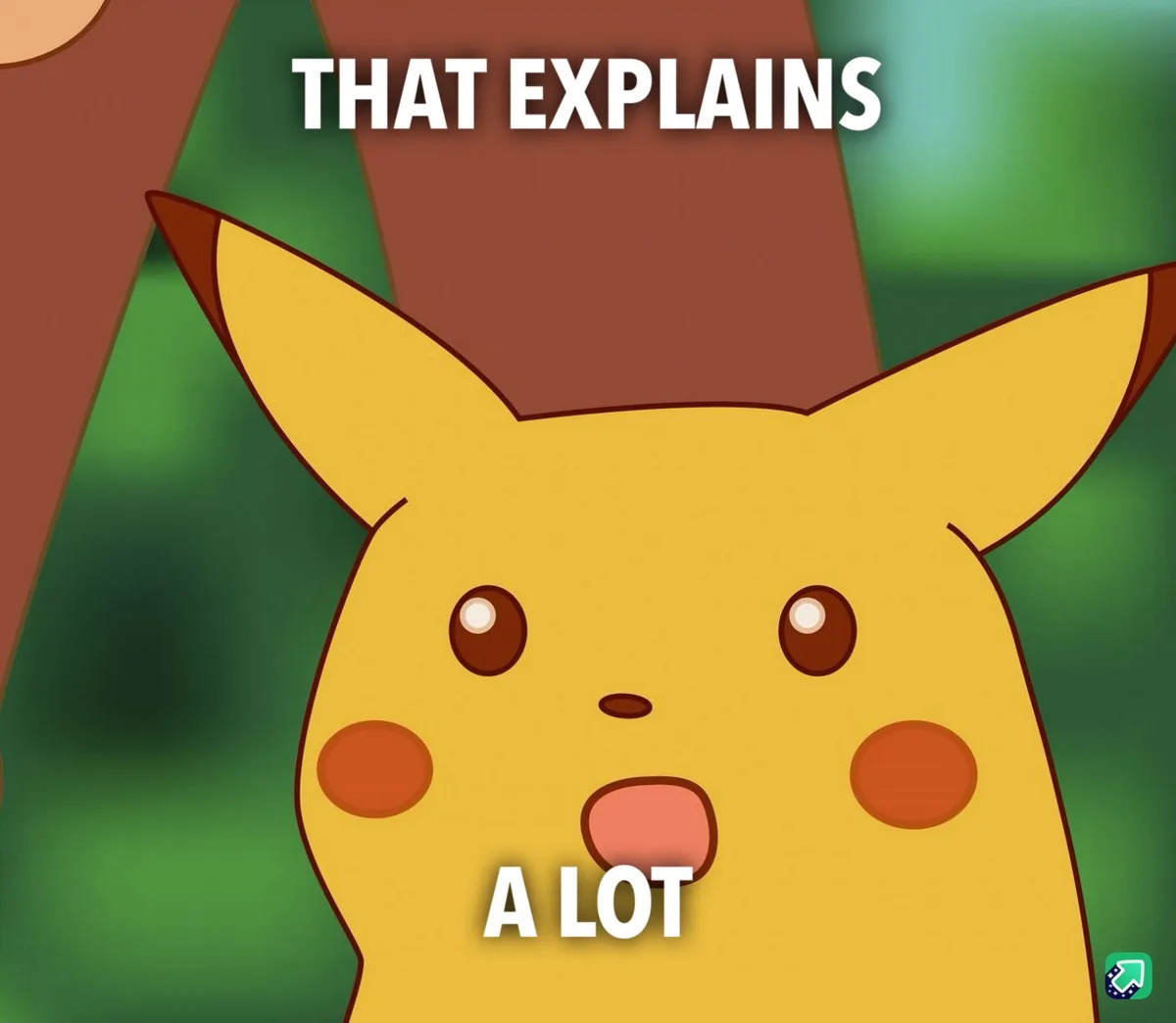 A close-up of the Pokémon character Pikachu with a surprised expression, mouth open, against a blurred green and brown…