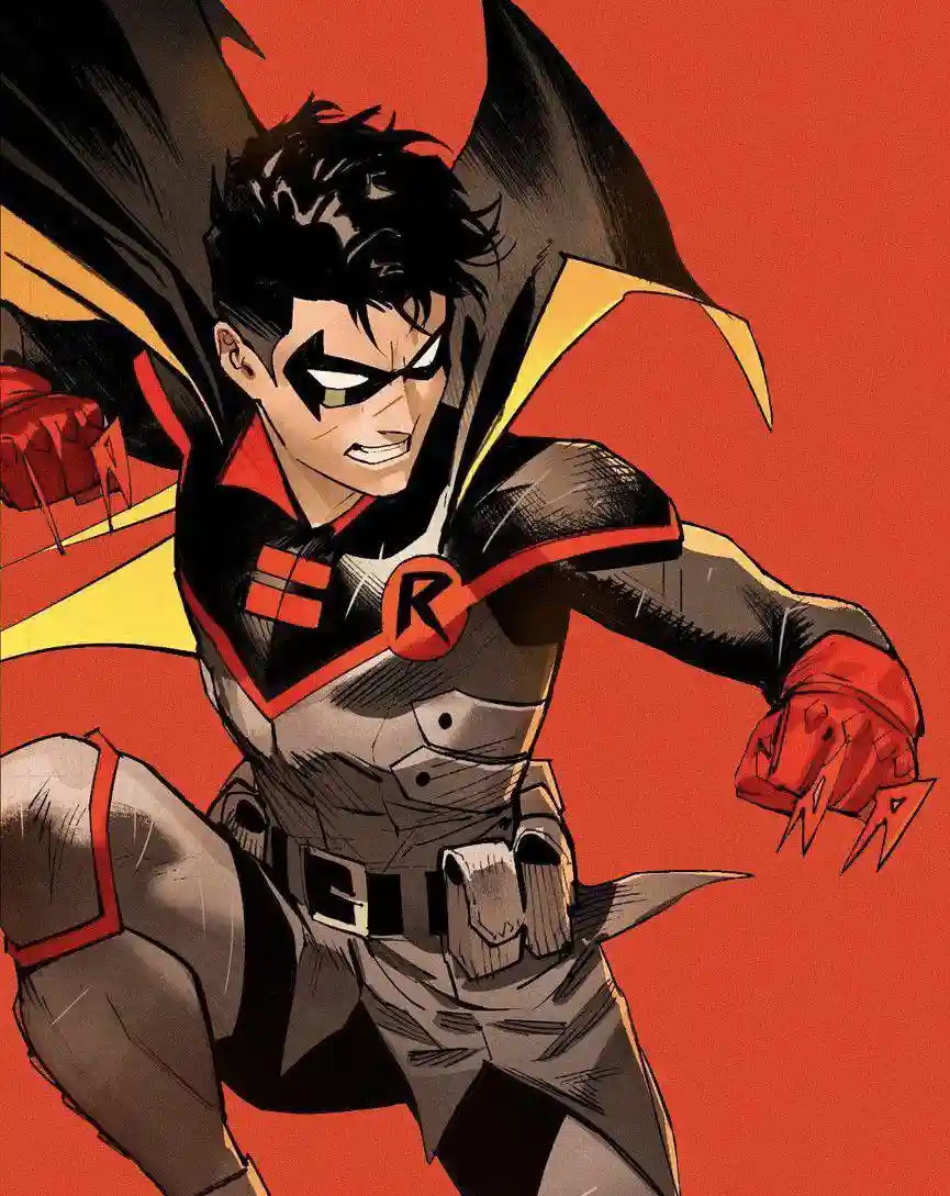 A comic book illustration of Robin, a young superhero in a black, red, and yellow costume with a cape, posed dynamically…