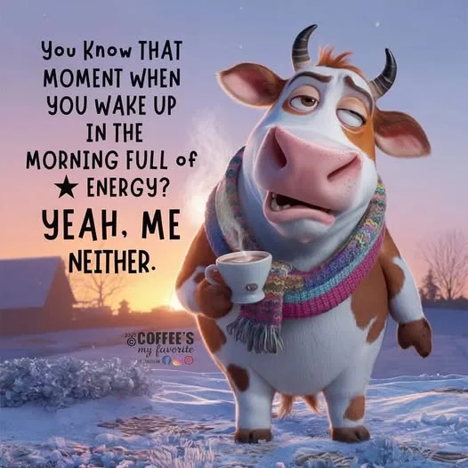 A cartoon cow wearing a colorful scarf and holding a coffee cup stands in a snowy field at sunrise. The text overlaid on the…