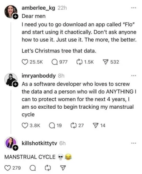 A screenshot of three social media comments. The first asks men to download and chaotically use the app 'Flo' to 'Christmas…