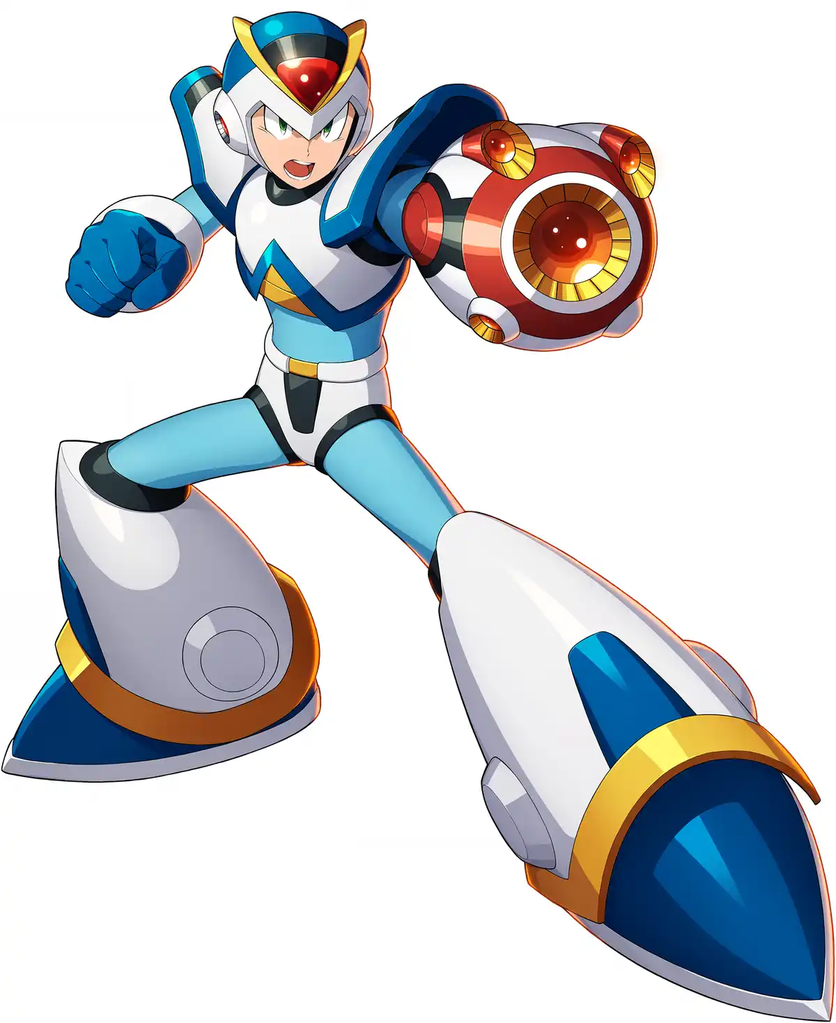 The image shows the video game character Mega Man X in his classic blue and white battle armor, holding his signature buster…